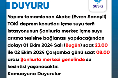 Şanlıurfa'da Su Kesintisi Yaşanacak